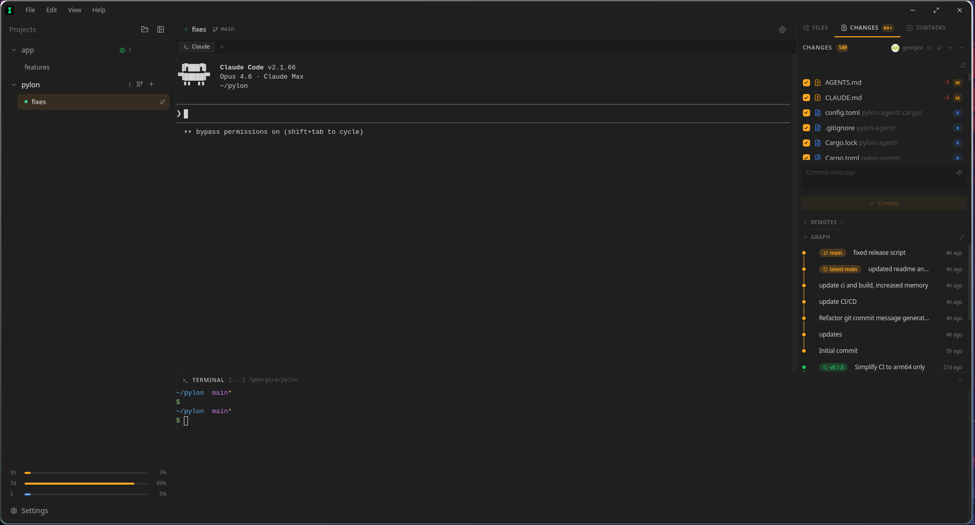 Pylon desktop app showing Claude Code terminal, file changes panel, and commit graph